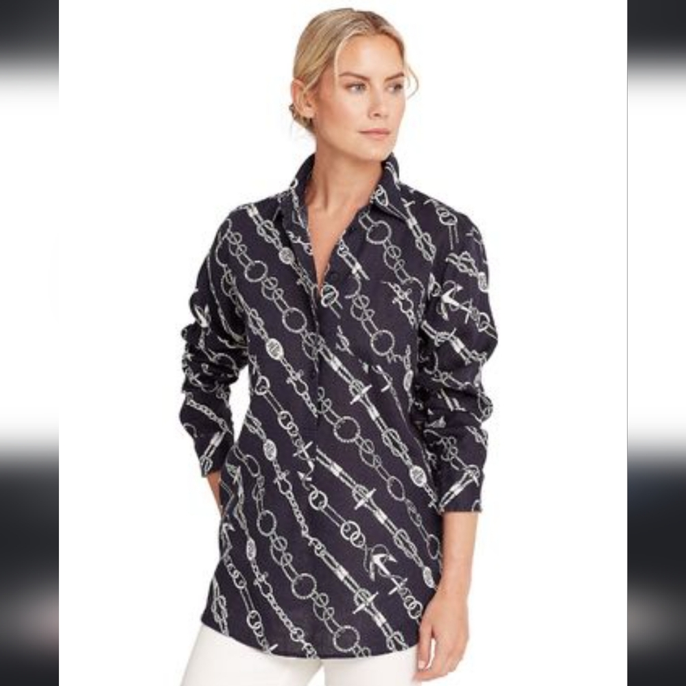 NWT LAUREN RALPH LAUREN Poplin Blouse Nautical Navy White Size S - Picture 3 of 8